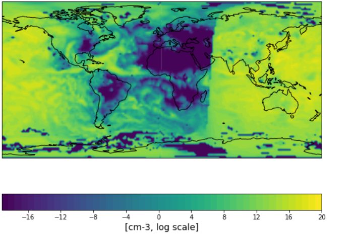 Global map of the change in sulphuric acid concentration computed by the M7 aerosol microphysics module