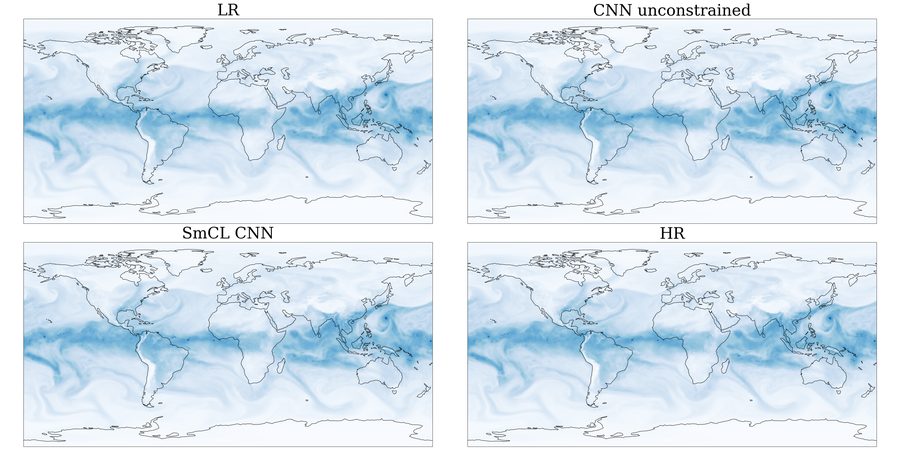 Global water content maps at low resolution, from an unconstrained and a constrained network, and at high resolution