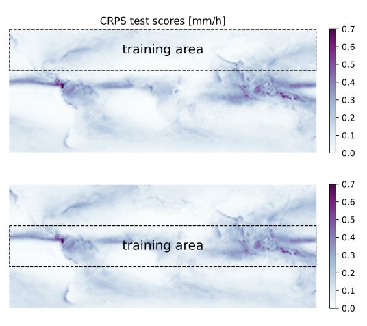Global maps of downscaling scores for models trained only on a northern and on a tropical training area