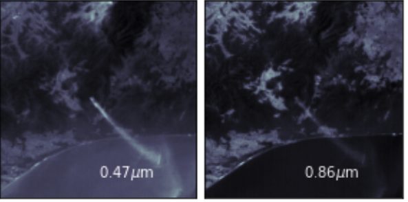 Geostationary satellite images of a wildfire smoke plume in two wavelength channels